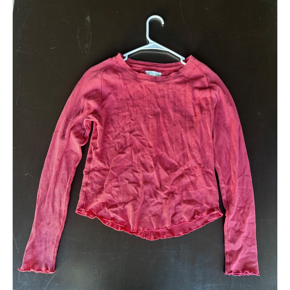 Free People We The Free Thermal Waffle Knit Lettuce Edge Top Pink Red Medium